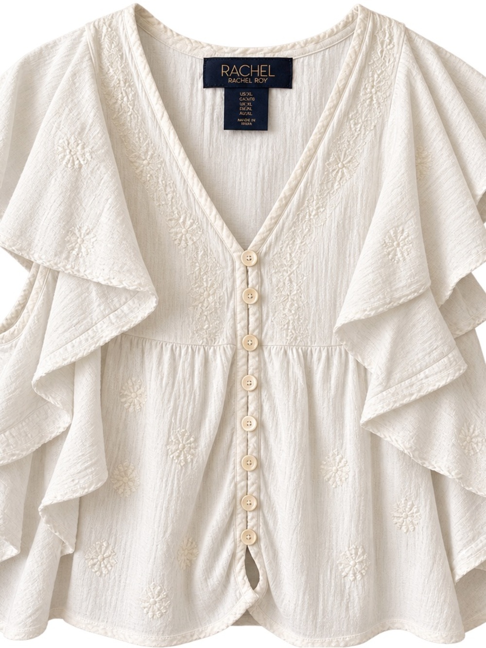 RACHEL Rachel Roy Cream Embroidered Ruffle Button-Front Blouse